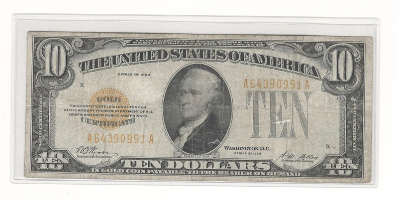 $10 GOLD CERTIFICATE-1928 SERIES USA SMALL NOTE #0991A-VERY NICE!