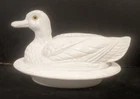 Vintage Westmoreland Milk Glass 2 pc Duck On Base Covered Dish Yellow Eyes 6"x8"