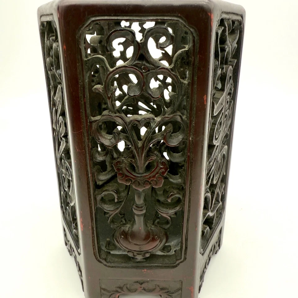 Olla de cepillo de madera tallada hexagonal china de colección calada erudito pesada Foto 3 de 4