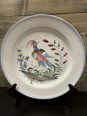 LALLIER A MOUSTIERS 9 1/2  WALL PLATE PEACOCK BIRD SIGNED HANDPAINTED FRANCE