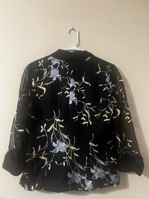 Alex Evenings Black Floral Chiffon Wrap Blouse Sheer Sleeves M
