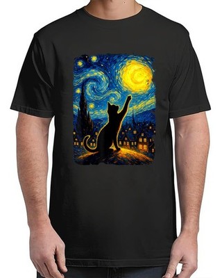 Black Cat Starry Night Van Gogh Cat Funny Adult S-4XL T-Shirt