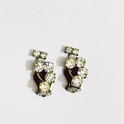 Vintage Rhinestone Clip On Earrings Mid Century Clear Crystal Costume Jewellery