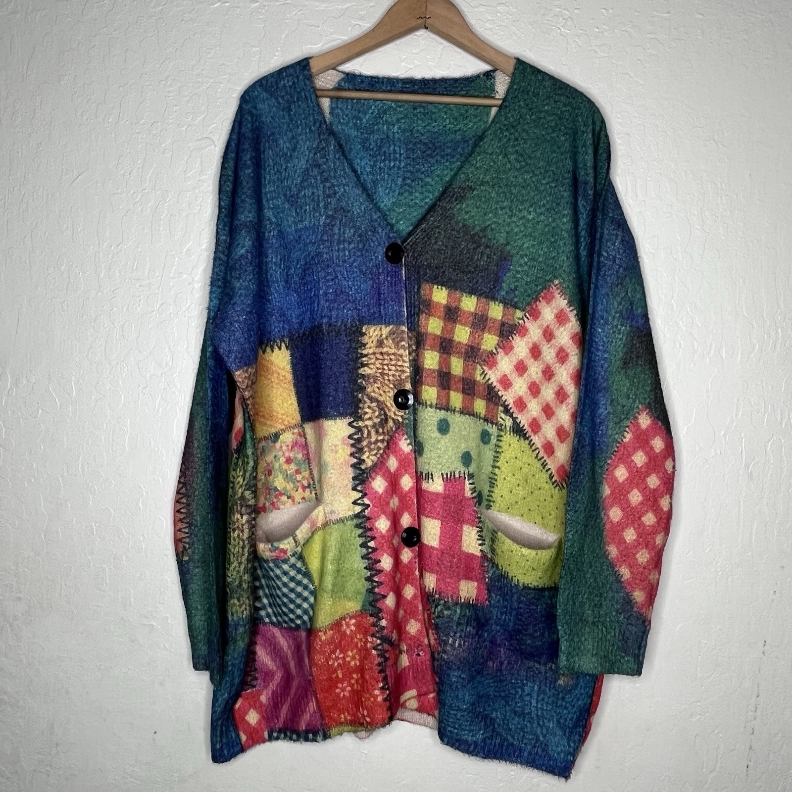 YESNO Patchwork Quilt  Oversized Wool Blend Cardi… - image 1