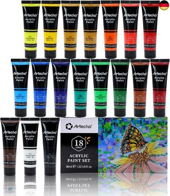 Artecho Acrylfarben Set 18 x 36 ml, Acrylic Paint Set, Wasserfest und