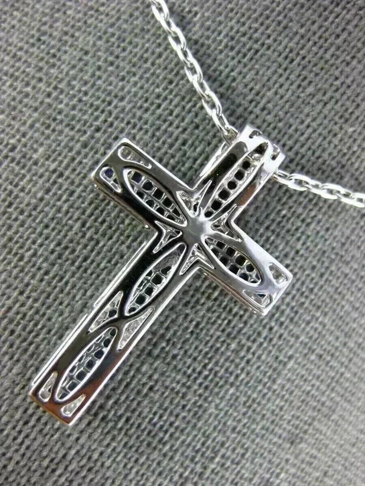 Colgante Cruz Hombre Zafiro Creado Laboratorio Corte Redondo 4CT Acabado Oro Blanco 14K Foto 3 de 4