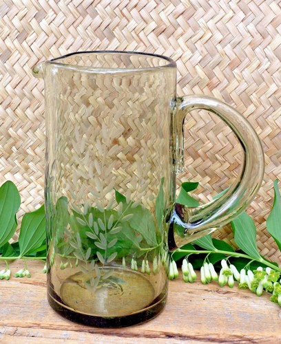 Tall Glass Pitcher Handblown Etched Plants Wheel Cut Pale Green Mexican Folk Art - Picture 18 of 18