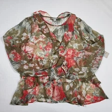 Belle Sky Womens Sheer Top Blouse Long Sleeve Floral Print Size XXL NWT