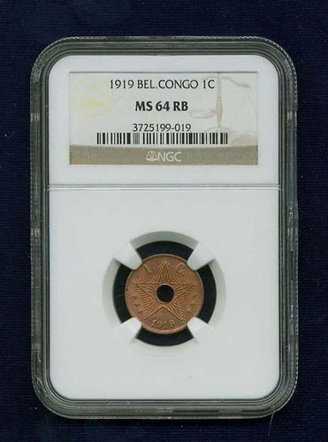 BELGIAN CONGO 1919  1 CENTIME COIN CERTIFIED CHOICE UNCIRCULATED NGC MS64-RB