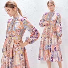 Printing Button Stand Collar Lantern Sleeve Dress Long Skirt Belt Womens Dress