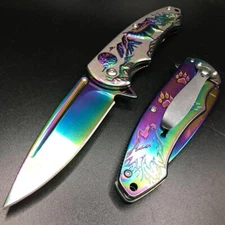 8" Knife Spring Assisted Pocket Open Folding Tactical Alum Handle WOLF Rainbow
