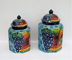 Set Of 2 Two Mexican Talavera Pottery Kitchen Canisters With
