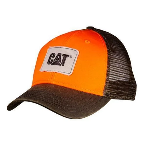 Caterpillar CAT Blaze Hunter Safety Orange Trucker Waxy Mesh Cap w/Frayed Patch
