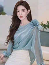 Women Chiffon Blouse Tops Slash Neck Rose Flower Ruched Lantern Sleeve Shirts