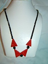 Hand Crafted Black Bead and Red Cinnabar Necklace 30" long