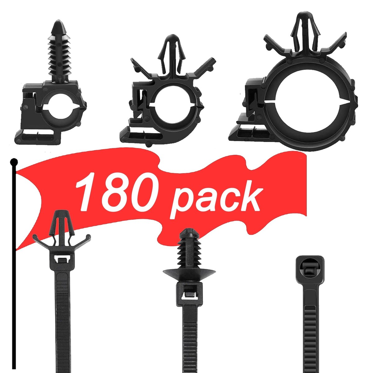 180 Pcs Automotive Installation Push Mount Cable Zip Ties Assorted