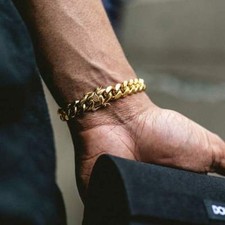 Solid 14k Gold Stainless Steel Mens Thick Heavy Miami Cuban Link Chain Bracelet