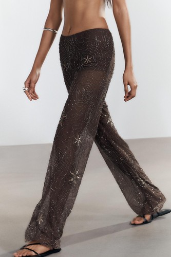 ZARA SS25 NEW WOMAN MID-WAIST SEMI-SHEER BEADED SEQUIN PANTS CHOCOLATE 4813/340 - Picture 8 of 9
