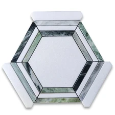 T35BXH Thassos White Marble Hexagon Georama Mosaic Tile Sagano Vibrant Green