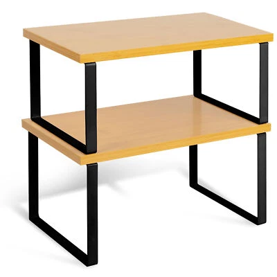 HEFTMAN Kitchen Cupboard Shelf Organiser Stackable Natural & Black Set of 2