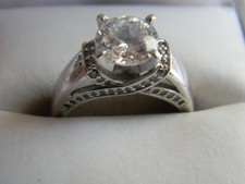 Vintage Ornate 925 Sterling Silver CZ Solitaire  Accents Engagement Ring Sz 7