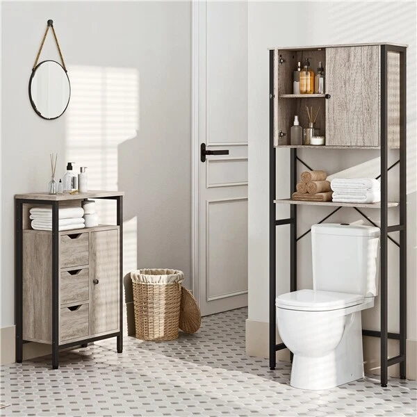 Over The Toilet Storage Cabinet, Double Door Bathroom Organizer w/ Shelf,  Grey