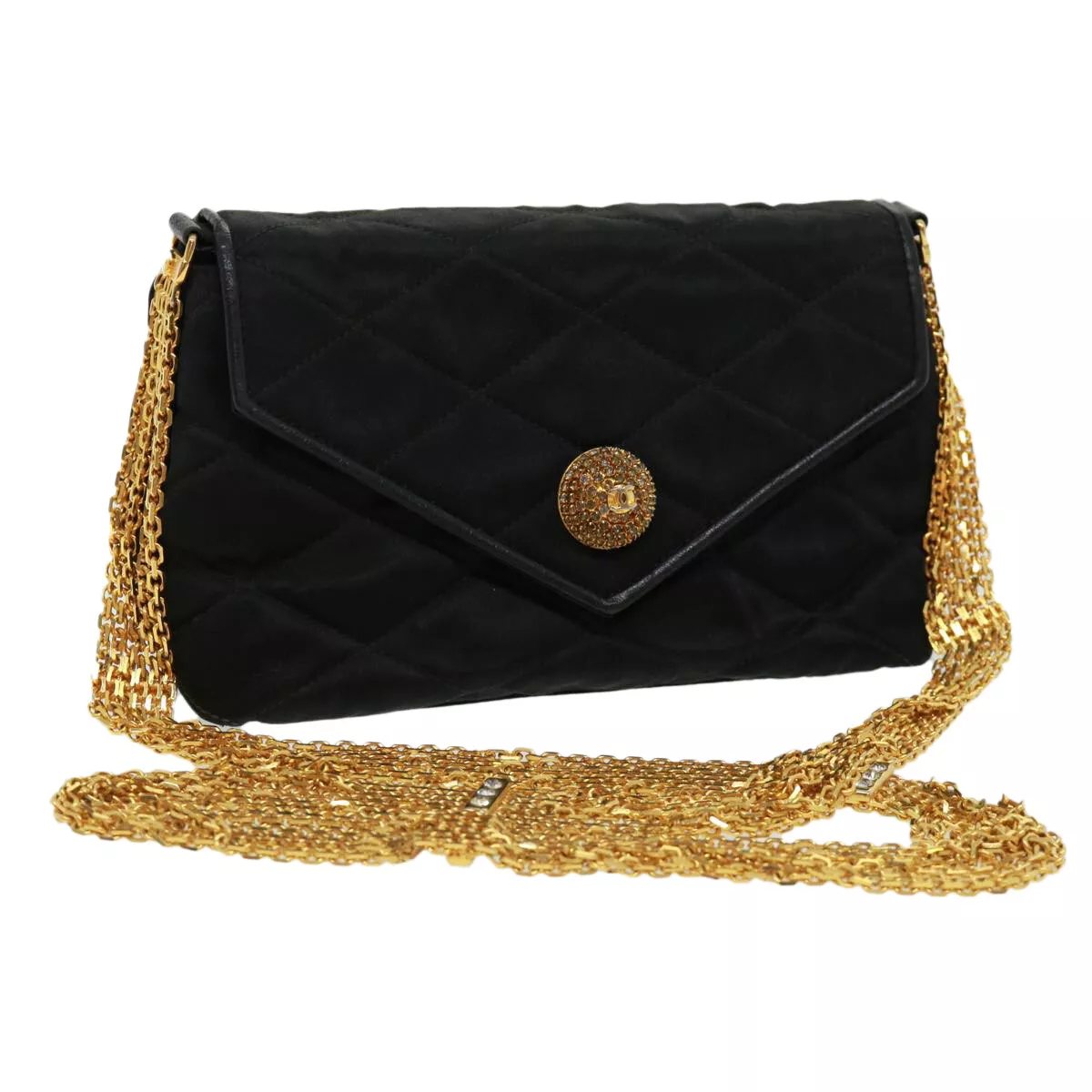 CHANEL Matelasse Chain stone Shoulder Bag Black CC Auth 32695A