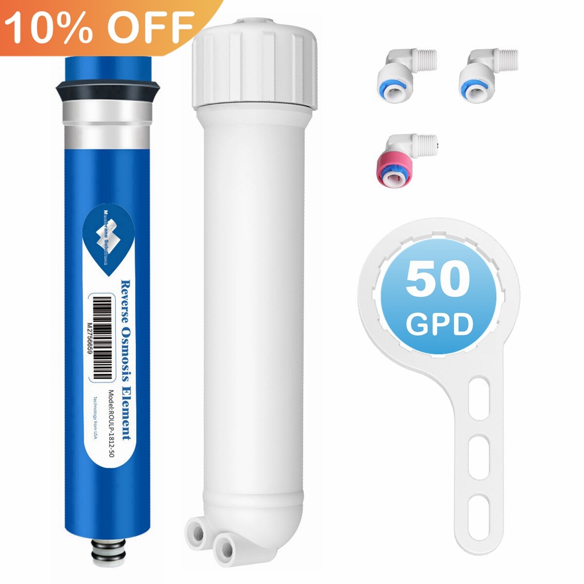 50 GPD RO Membrane Reverse Osmosis System Water Filter Housing&plus;Fittings&plus;Wrench