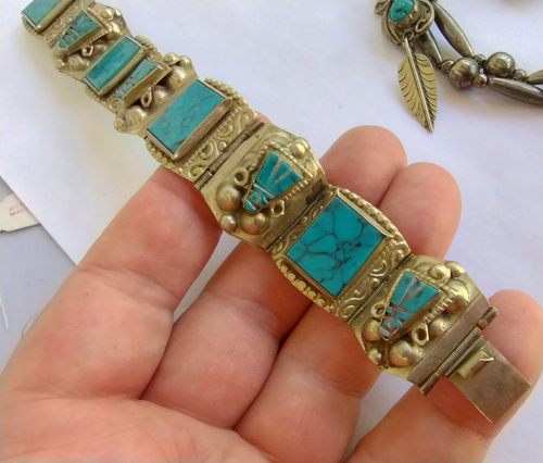 Vintage Southwest Halskette Ohrringe Armband Set Türkis Blau Alpaka - Bild 10 von 13