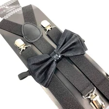 Metallic Black Bow Tie & Suspender Tuxedo Wedding Prom Youth Men Accessories