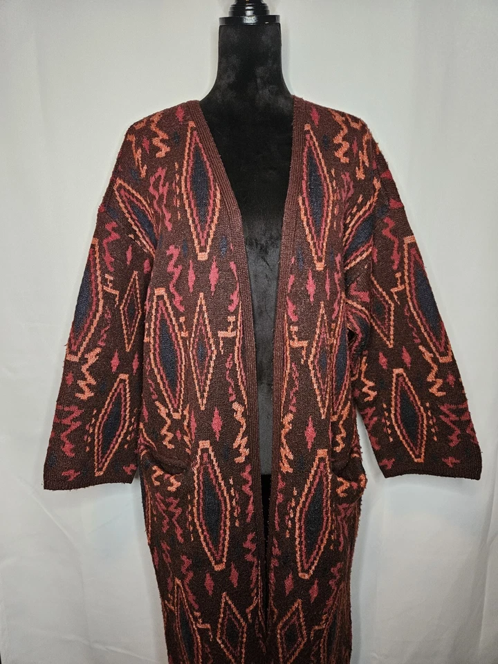 Willow & Clay Jacquard Long Cardigan Burgundy Aztec Southwestern Tribal Sweater - Image 2 of 4