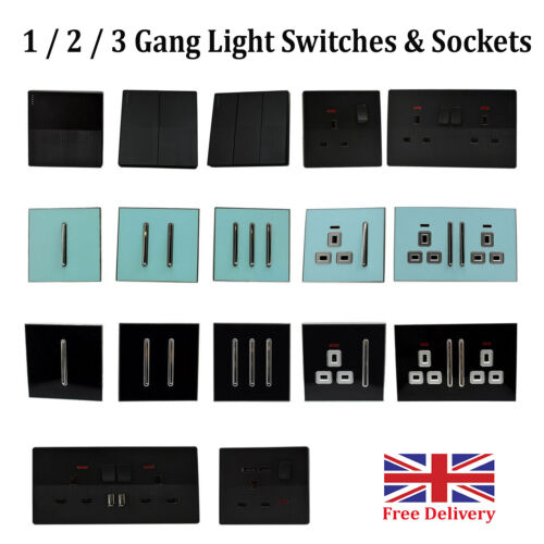 Black/Blue 1 / 2 / 3 Gang Wall Light Switches & Sockets Screw less with USB Plug - Afbeelding 1 van 78