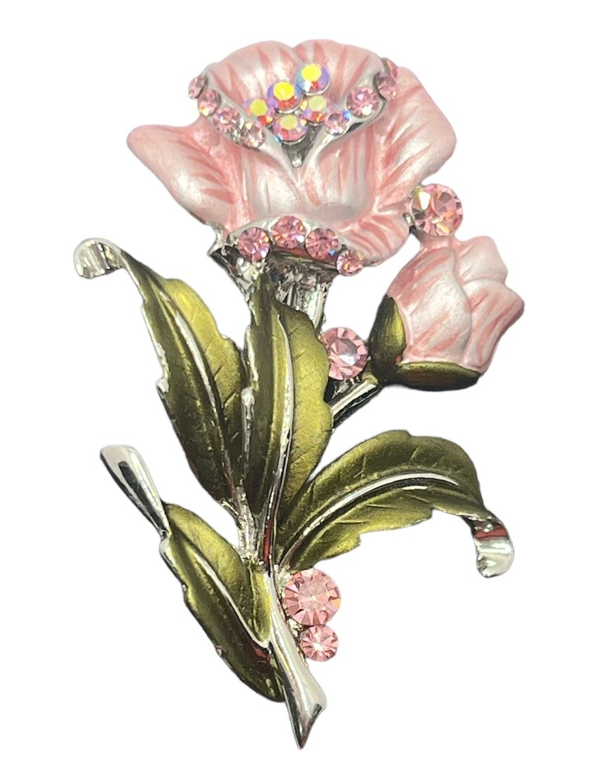 Vintage silver tone pale pink enamel rhinestone flower brooch pin