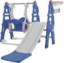 FUKEA 4-in-1 Toddler Slide & Swing Set with Hoop (Blue)