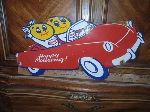 VINTAGE ESSO PORCELAIN SIGN OLD 20" GAS STATION SERVICE MOTOR OIL GARAGE DIECUT