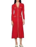 Sandro Paris Kleid Rot Knit V-Neck Midi SFPRO02176 Gr. 36 S Damen Strick-Kleid