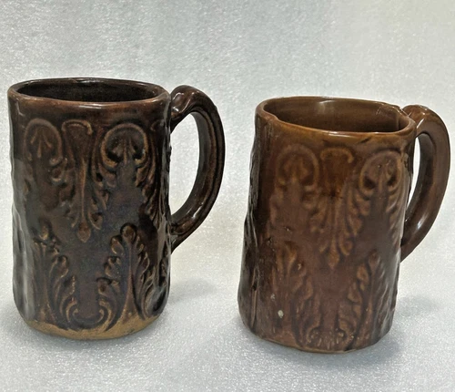 Set of 2 Vintage Brown Glazed Stoneware Mugs – Embossed Leaf Scroll Design