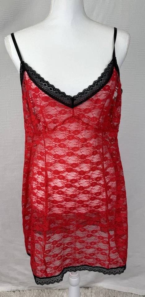 Mini Vestido sin Mangas de Encaje Rojo Transparente Y2K Negro Borde de Encaje Para Mujer XL 16/18 Coqueta De Colección Foto 2 de 4