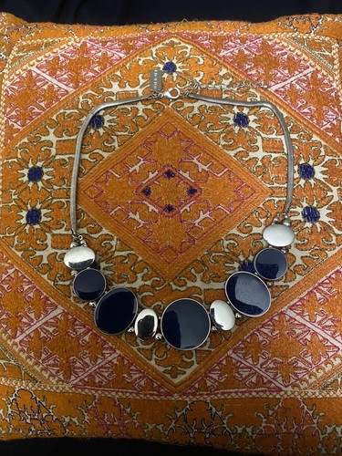 Ben de Lisi Enamel Statement Necklace Blue and Silver circles ovals Vintage