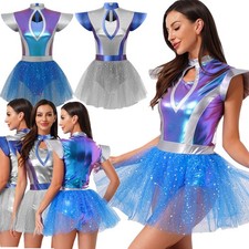 Women Mini Dress Fancey Dress-up Skirt Skater Costume Robot Shiny Clubwear 80s
