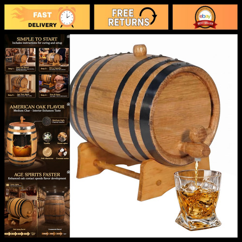 2L Oak Aging Barrel with Stand, Bung & Spigot - Mini Whiskey Barrel for Home Dis