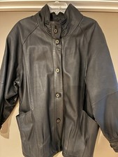 VTG Jacqueline Ferrar Leather Jacket Womens M Black Button Up Coat 90s