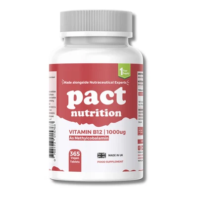 PACT NUTRITION Vitamin B12 Tablets High Strength Methylcobalamin 1000mcg - 365 Tablets - Vegan