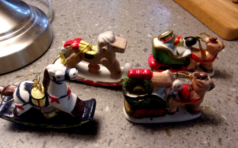 Vintage Christmas Painted Ceramic Christmas Train Horse Ornaments   3" Lot Of 4