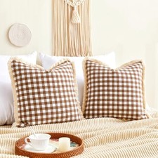 Outdoor Brown Gingham Plaid 18" x 18" Pack of 2 Khaki  White With Tassels 