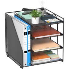 Desk Organizer, 4-Tier Metal File Organizer for Desk with Vertical File Holde...