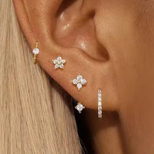 4 Pc Mixed Tone Zircon Round Hoop Earring Set Women Flower Stud Jewelry