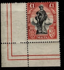 MALTA GV SG139, £1 black & carmine red, M MINT. Cat £150. wmk SIDEWAYS marginal