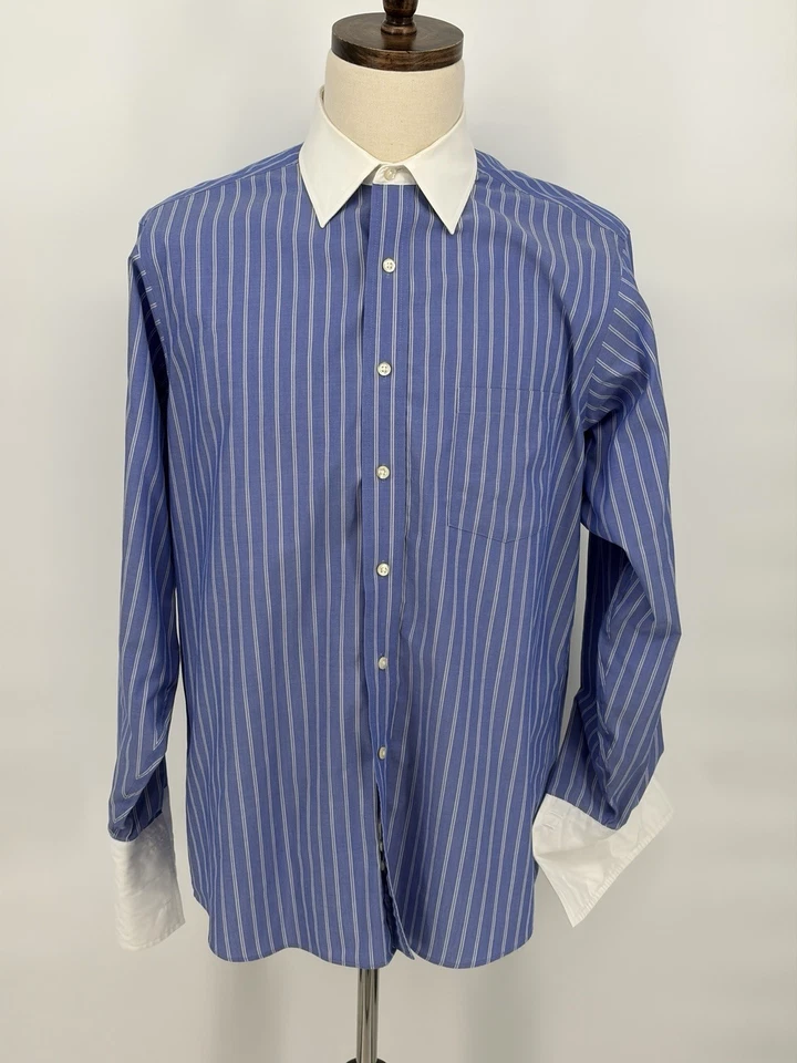 Donald Trump Dress Shirt Blue Pinstripe White Collar French Cuffs Size 16½ 34/35 - Image 2 of 4
