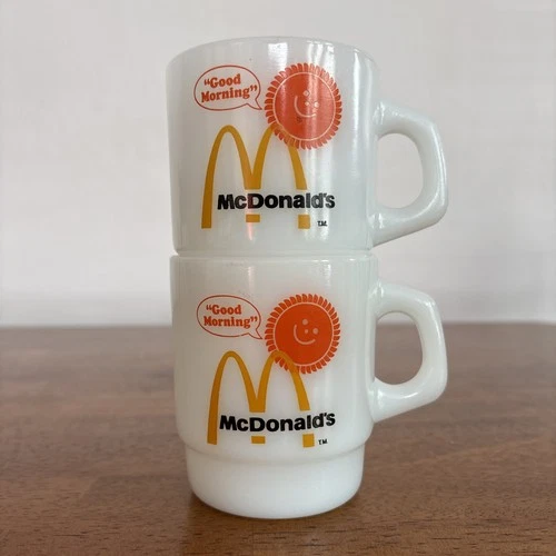 Vintage Fire King McDonald’s Coffee Mugs Set Of 2 Milk Glass Good Morning